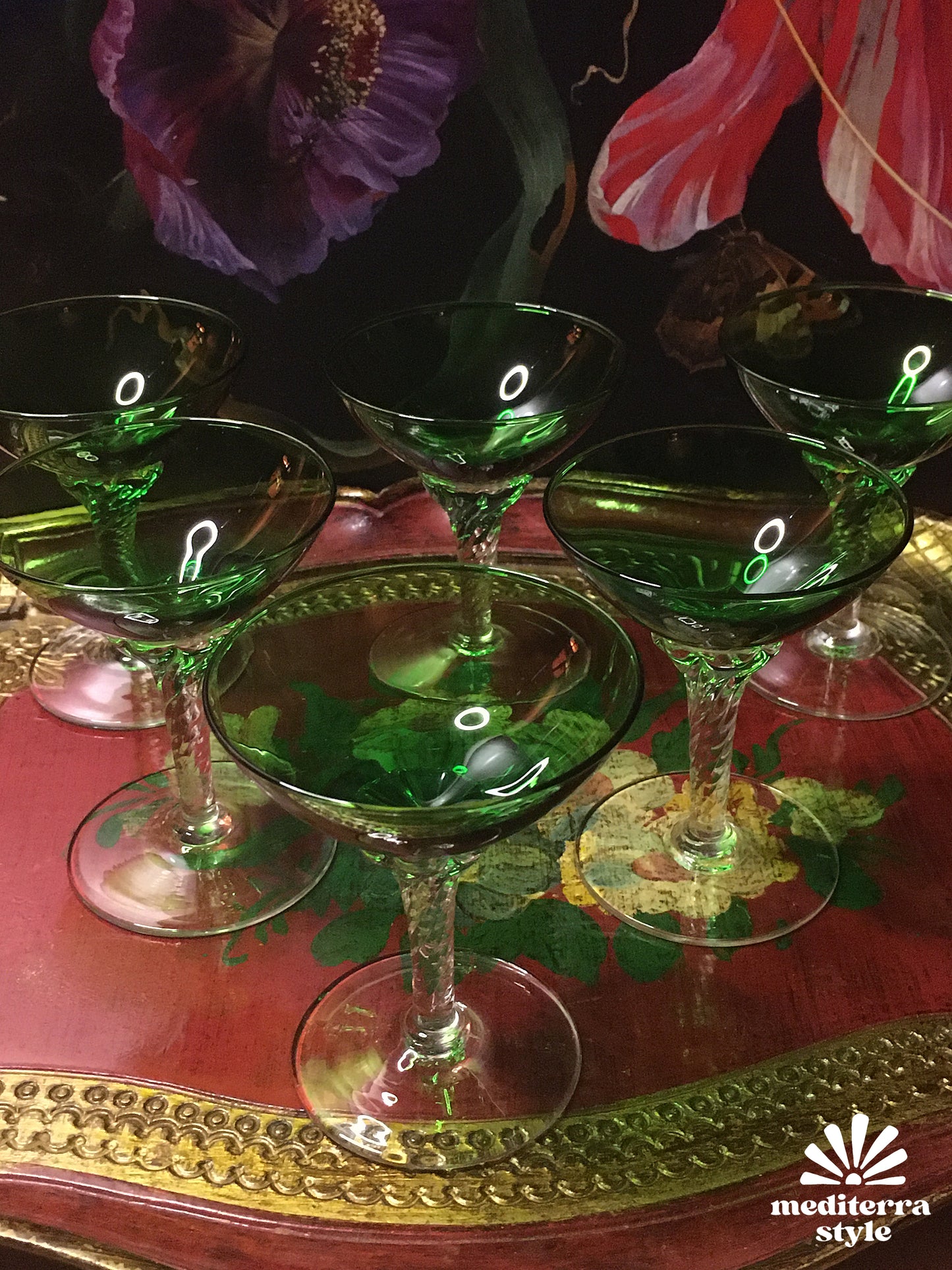 Set of 6 vintage green liquor glasses from France or Italy, 1970s
