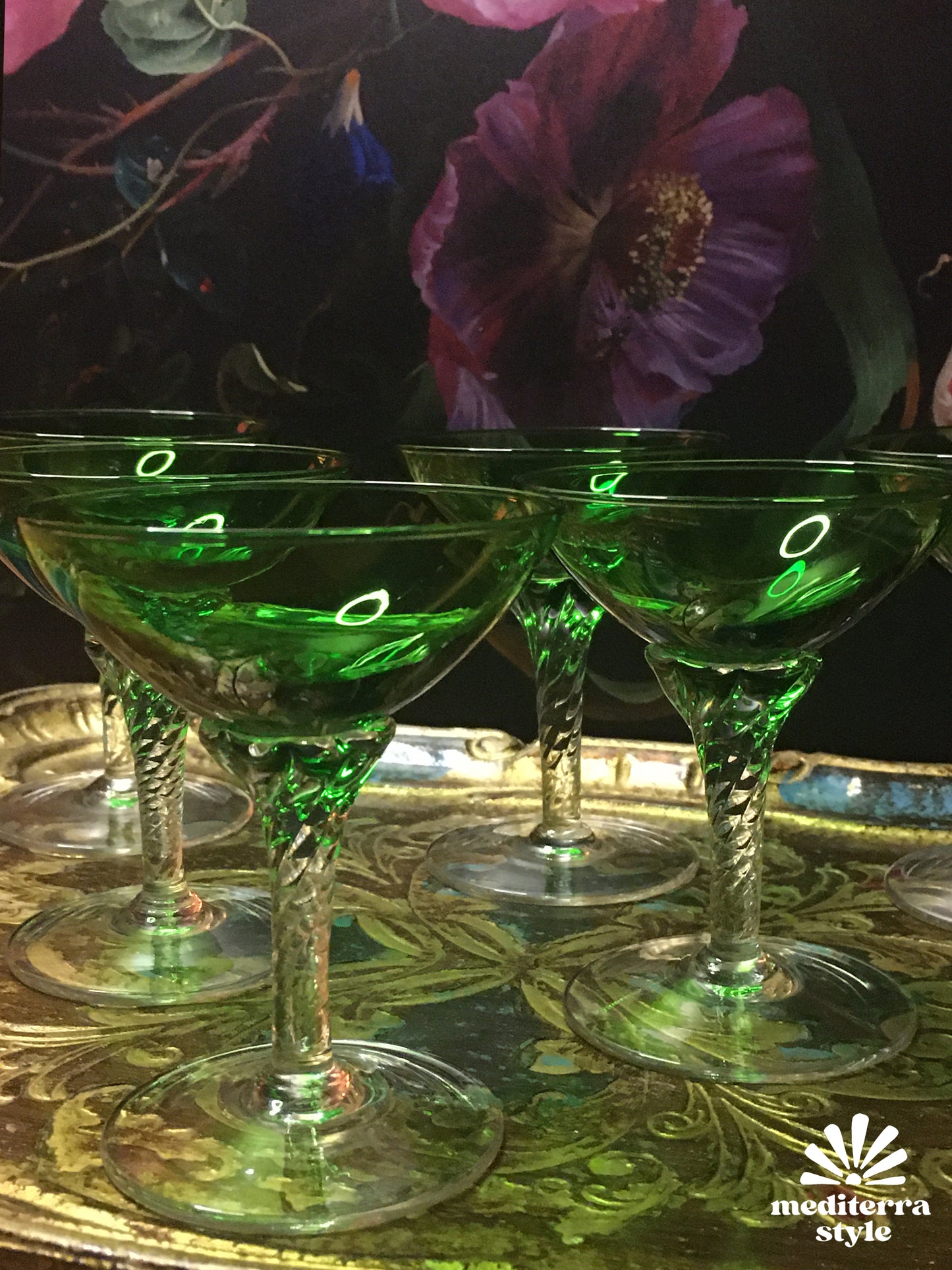 Set of 6 vintage green liquor glasses from France or Italy, 1970s