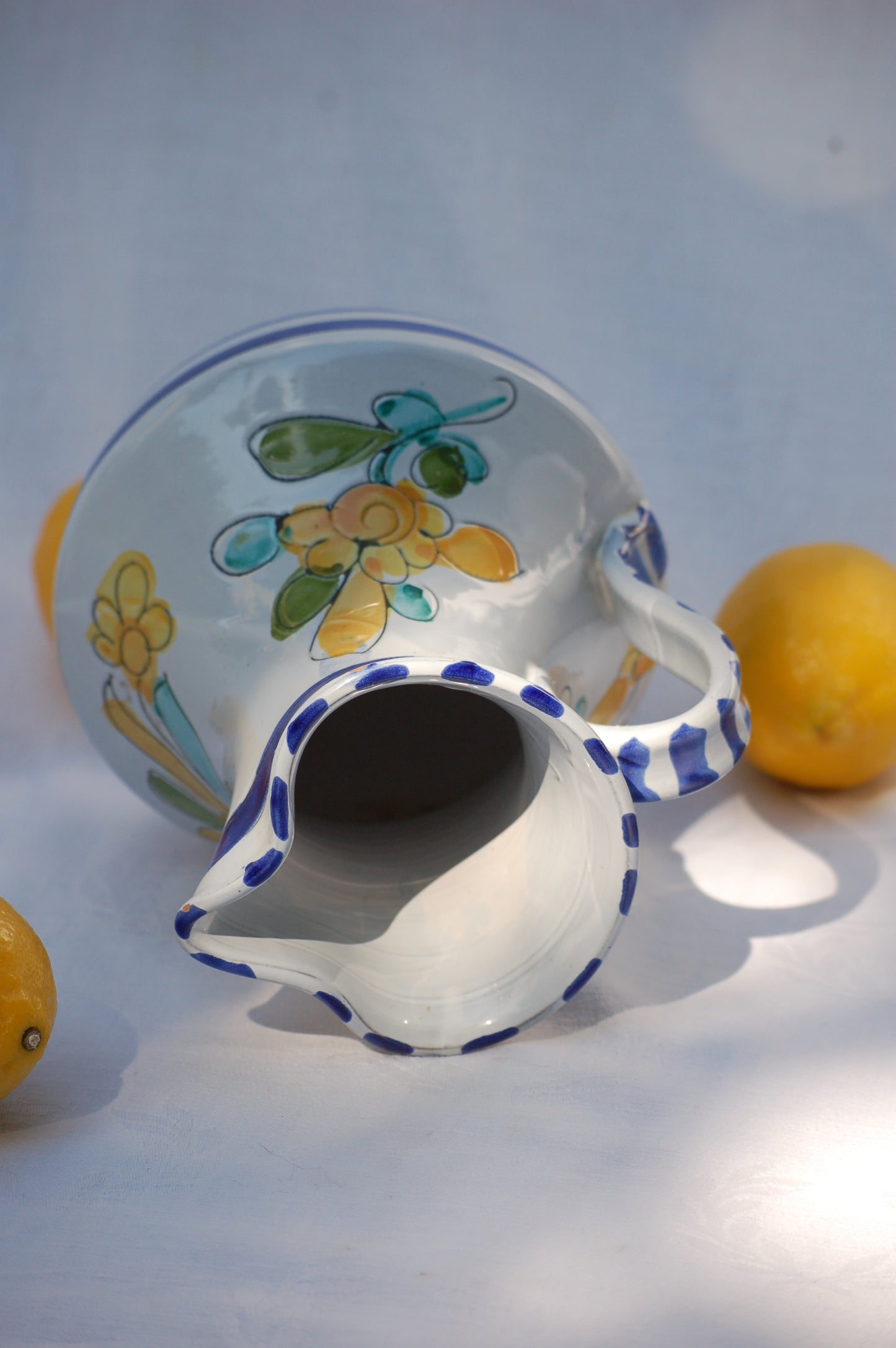 For an instant feeling of, Mediterrenean table by the sea feeling, just add this cute pitcher on your table and the sun will shine. This vintage item is as new and comes from the 1980's. This pitcher comes from France. It is hand painted and has been drawn with scratched graffito technique which gives it a very lively look and feel.
