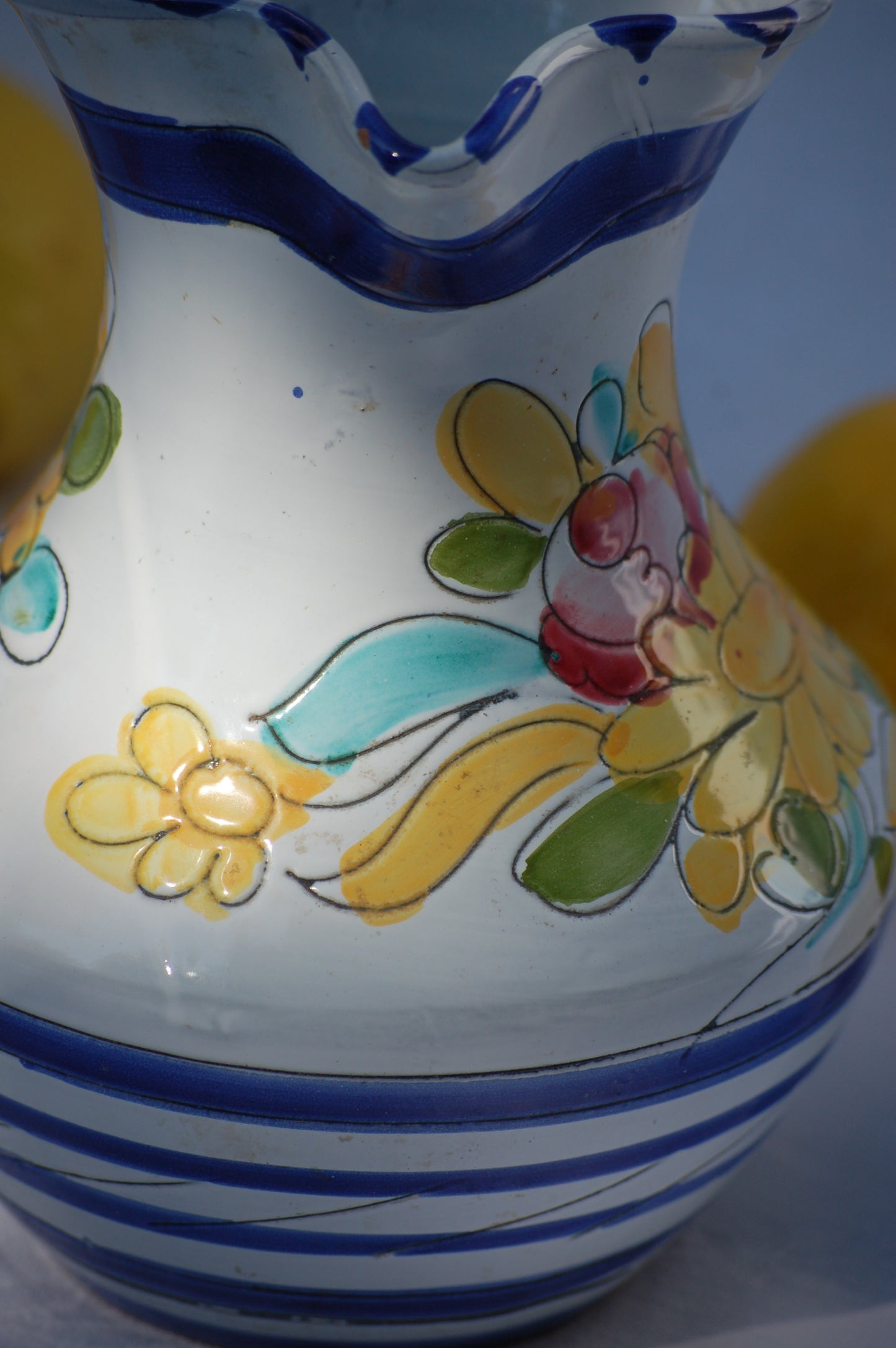 For an instant feeling of, Mediterrenean table by the sea feeling, just add this cute pitcher on your table and the sun will shine. This vintage item is as new and comes from the 1980's. This pitcher comes from France. It is hand painted and has been drawn with scratched graffito technique which gives it a very lively look and feel.
