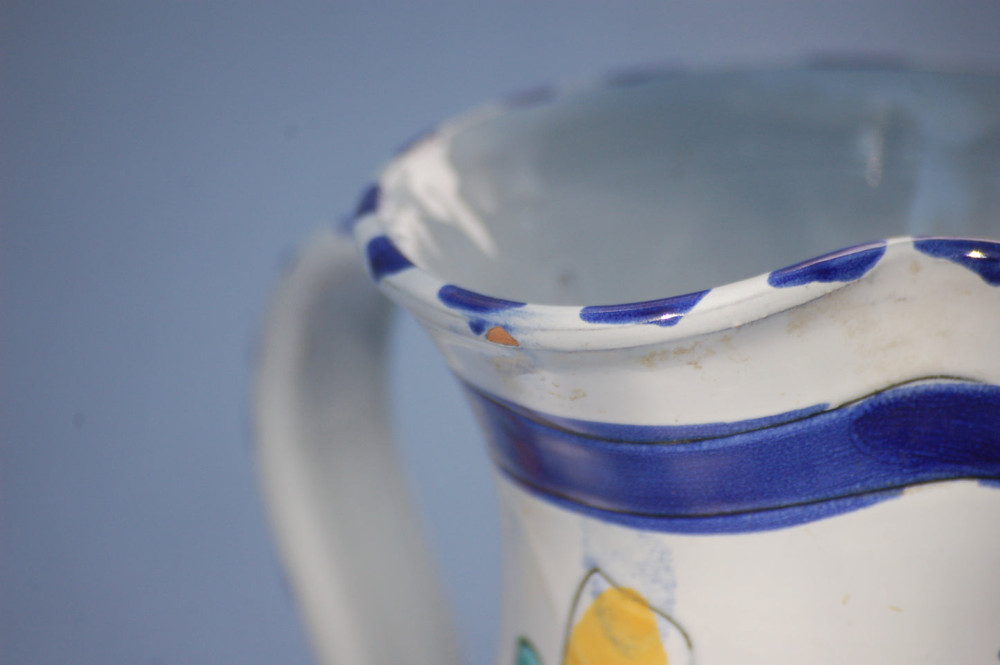For an instant feeling of, Mediterrenean table by the sea feeling, just add this cute pitcher on your table and the sun will shine. This vintage item is as new and comes from the 1980's. This pitcher comes from France. It is hand painted and has been drawn with scratched graffito technique which gives it a very lively look and feel.