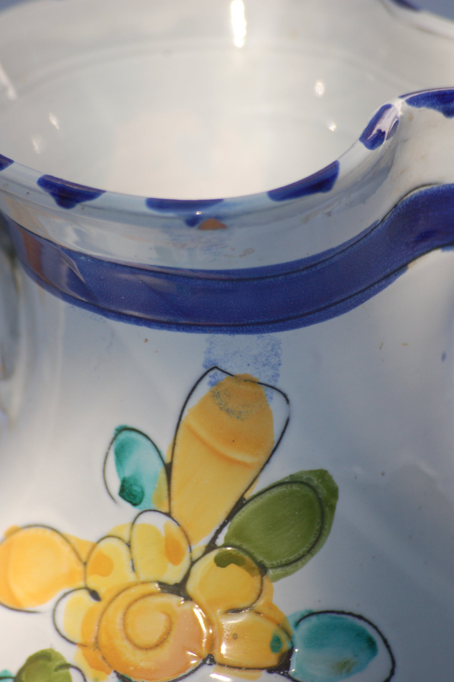 For an instant feeling of, Mediterrenean table by the sea feeling, just add this cute pitcher on your table and the sun will shine. This vintage item is as new and comes from the 1980's. This pitcher comes from France. It is hand painted and has been drawn with scratched graffito technique which gives it a very lively look and feel.