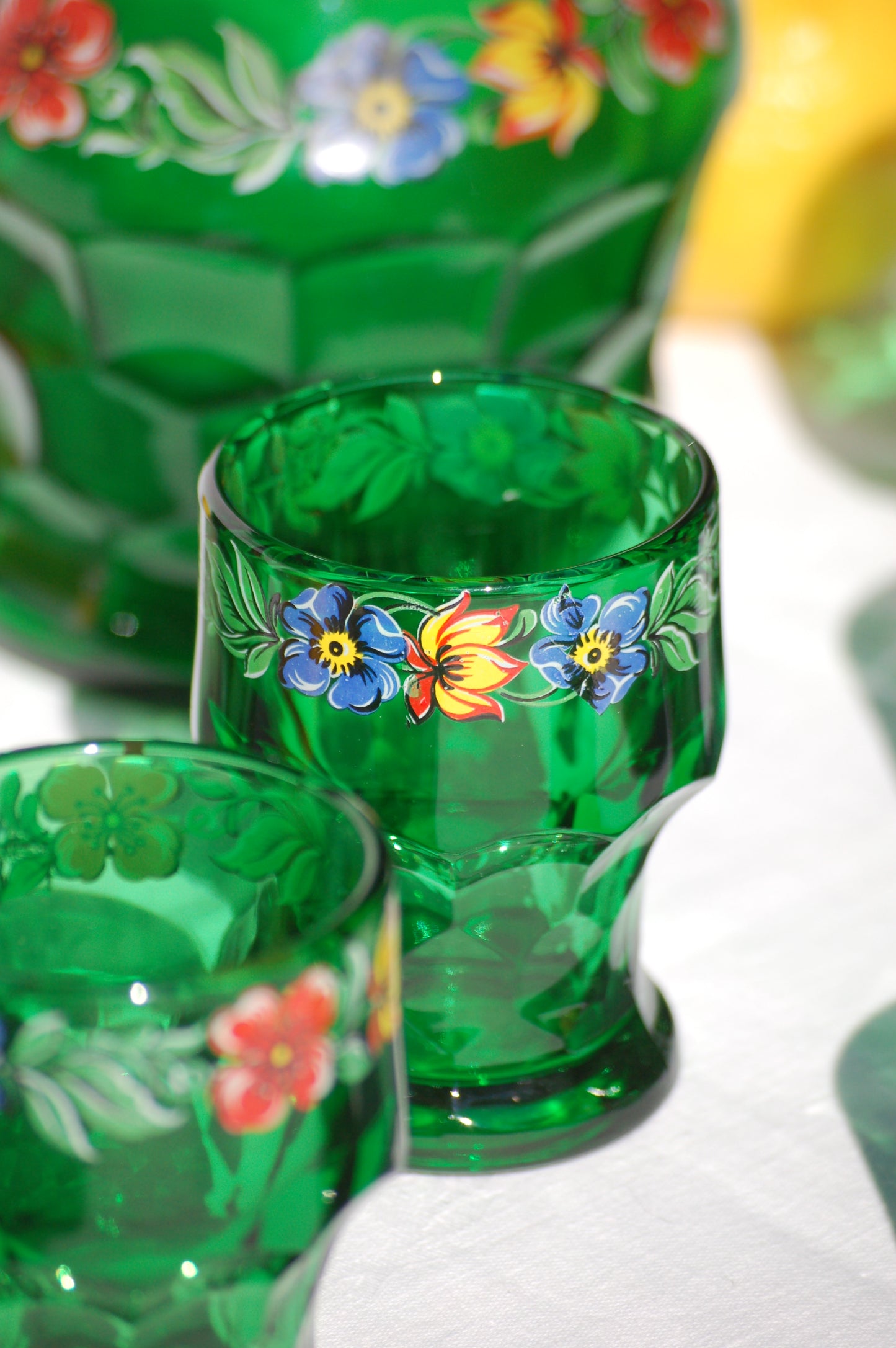 Rare Italian vintage emerald green glass set carafe and tumblers Bormioli Italy by Mediterrastyle