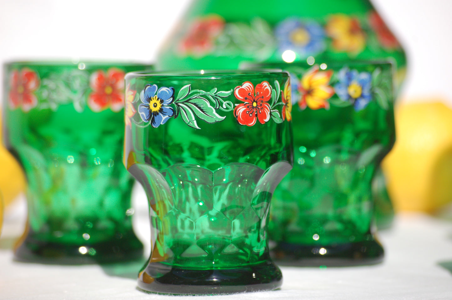 Rare Italian vintage emerald green glass set carafe and tumblers Bormioli Italy by Mediterrastyle