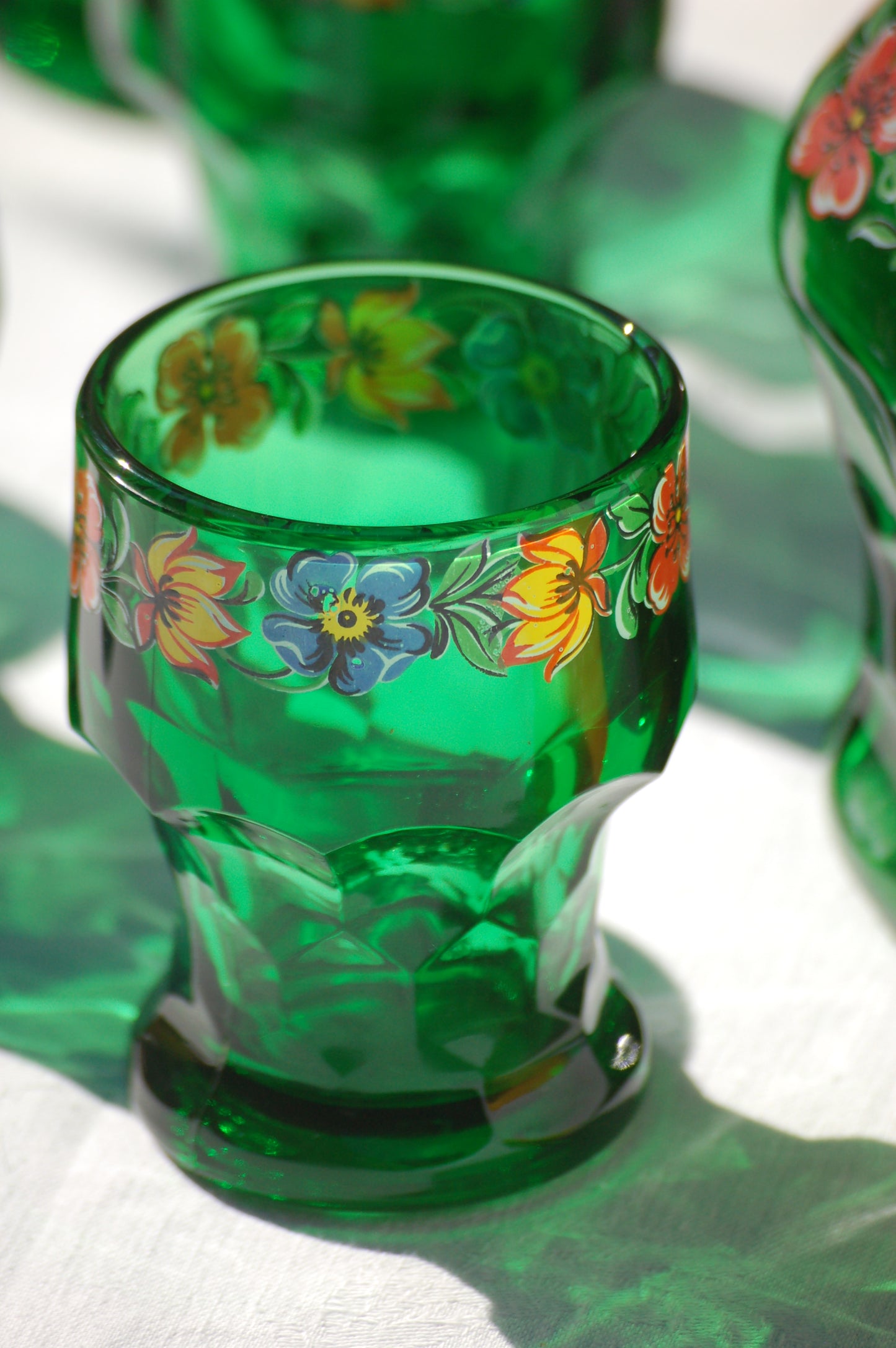 Rare Italian vintage emerald green glass set carafe and tumblers Bormioli Italy by Mediterrastyle
