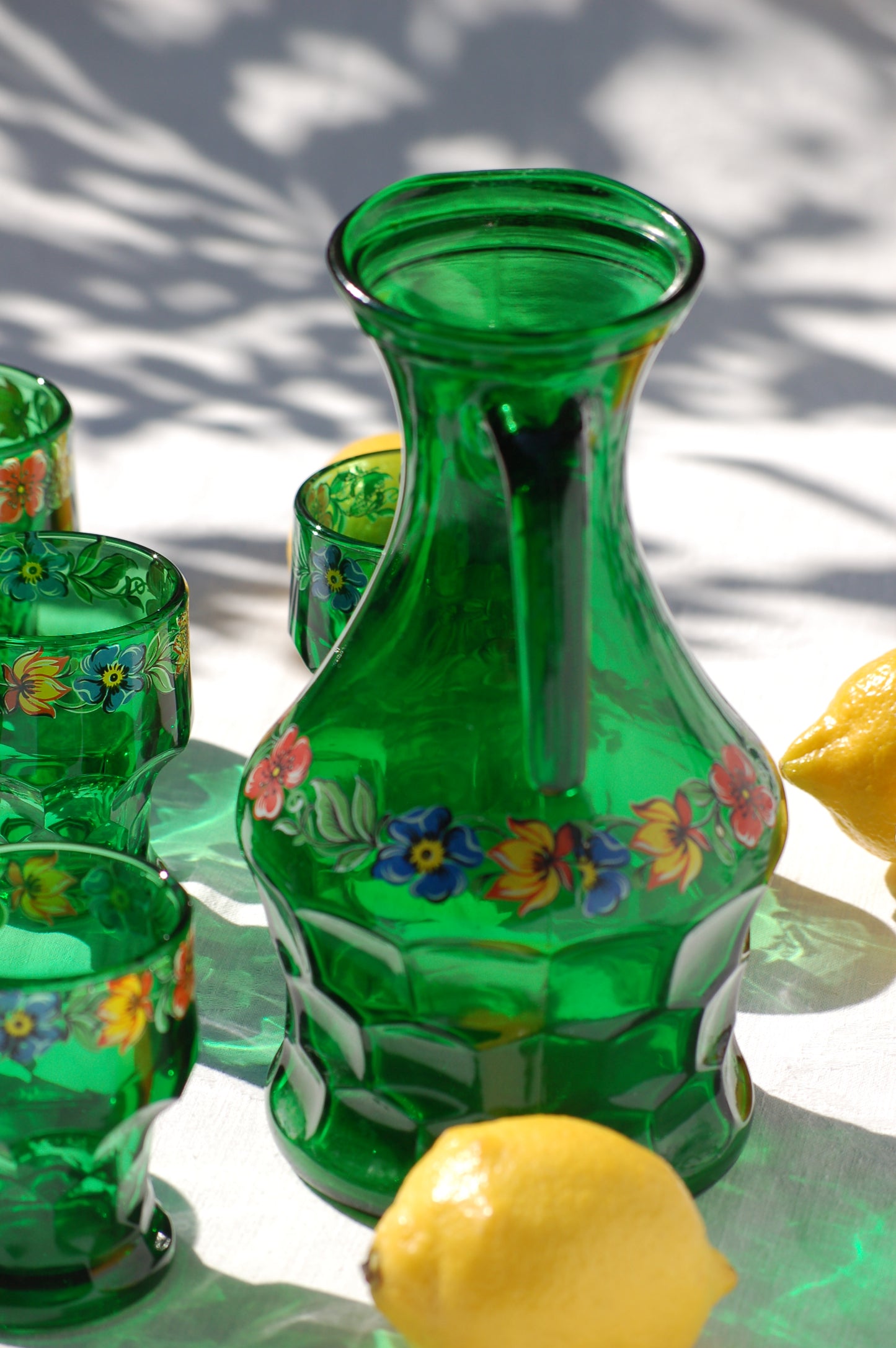 Rare Italian vintage emerald green glass set carafe and tumblers Bormioli Italy by Mediterrastyle