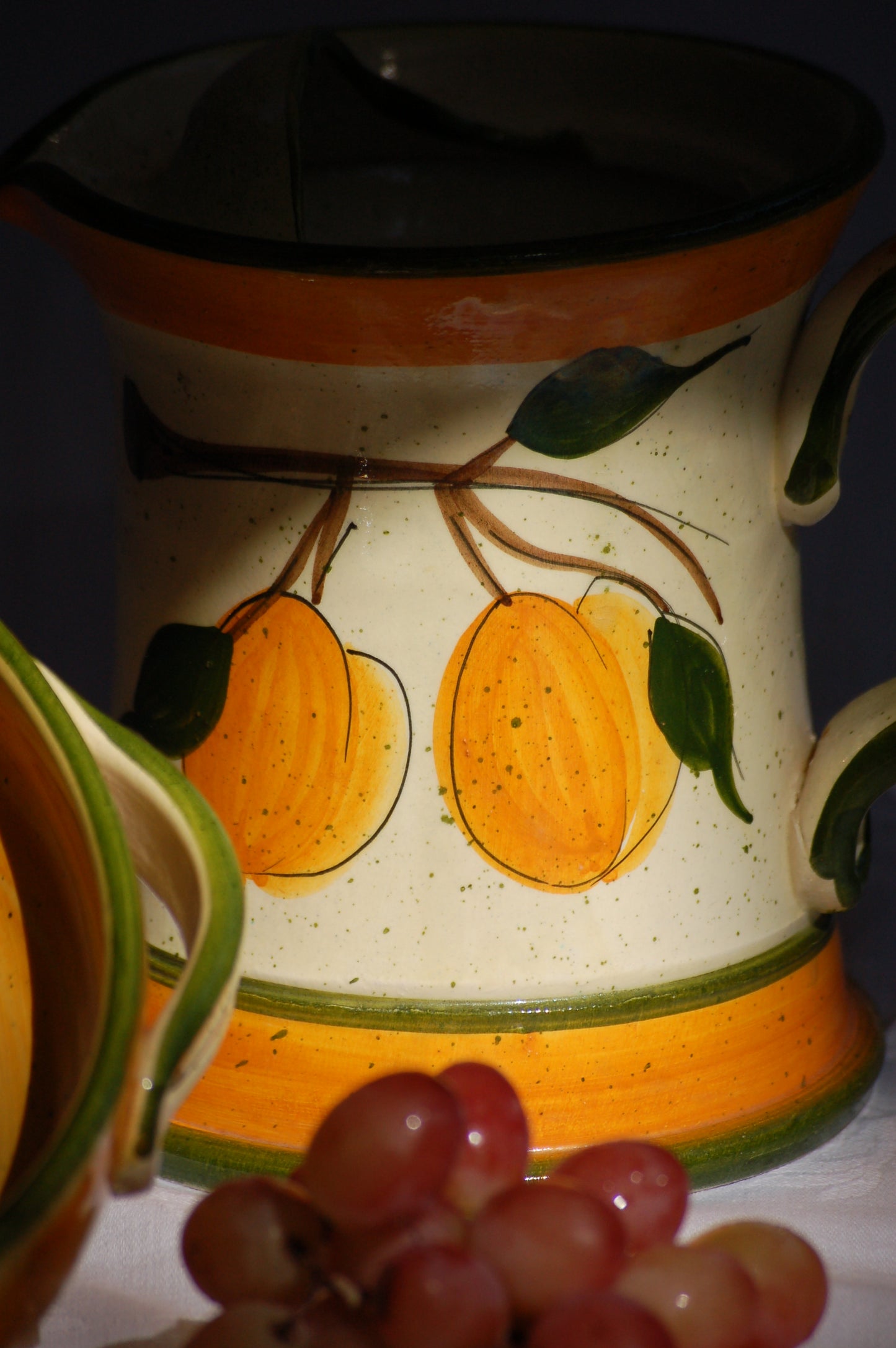 ©MediterraStyle A beautiful 1960s Provencal ceramic carafe with hand-painted decoration representing an apricot branch with its fruits. This caraf will put instant sunshine on your table. Vintage item is as new! Signed on the bottom. Loved and sold by Mediterra Style
