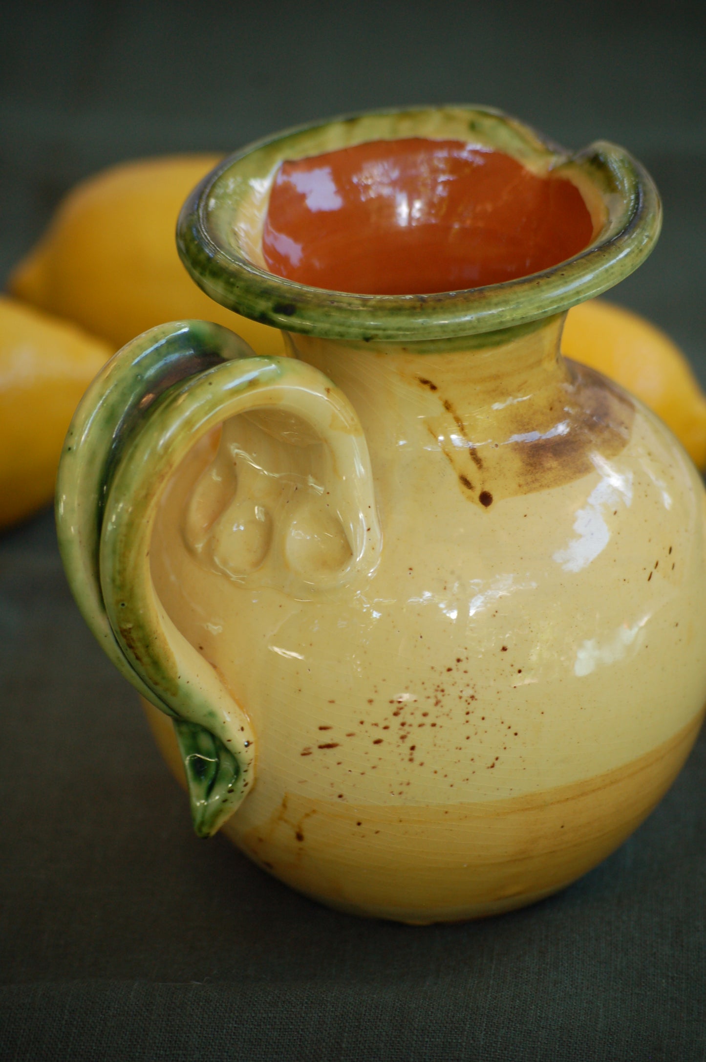 ©mediterraStyle A beautiful Provencal ceramic carafe with hand-painted decoration representing an olive branch with its fruits. This vintage item is as new and comes from the 1970's. Signed on the bottom: "Bd'A France' A beautifil warm colored addition to your kitchen. Loved and sold by MediterraStyle