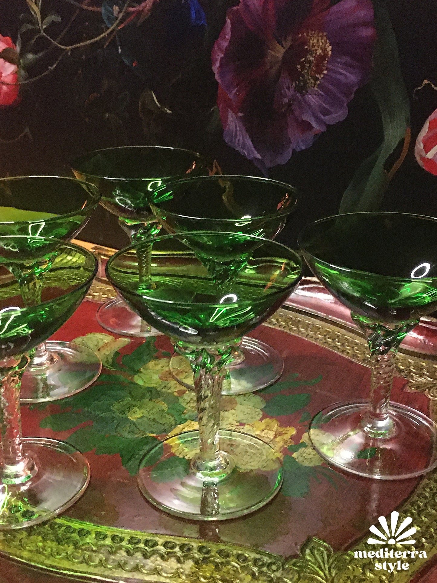 Set of 6 vintage green liquor glasses from France or Italy, 1970s